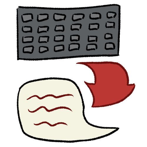  A drawing of a grey keyboard, with a red arrow pointing from it to a speech bubble.